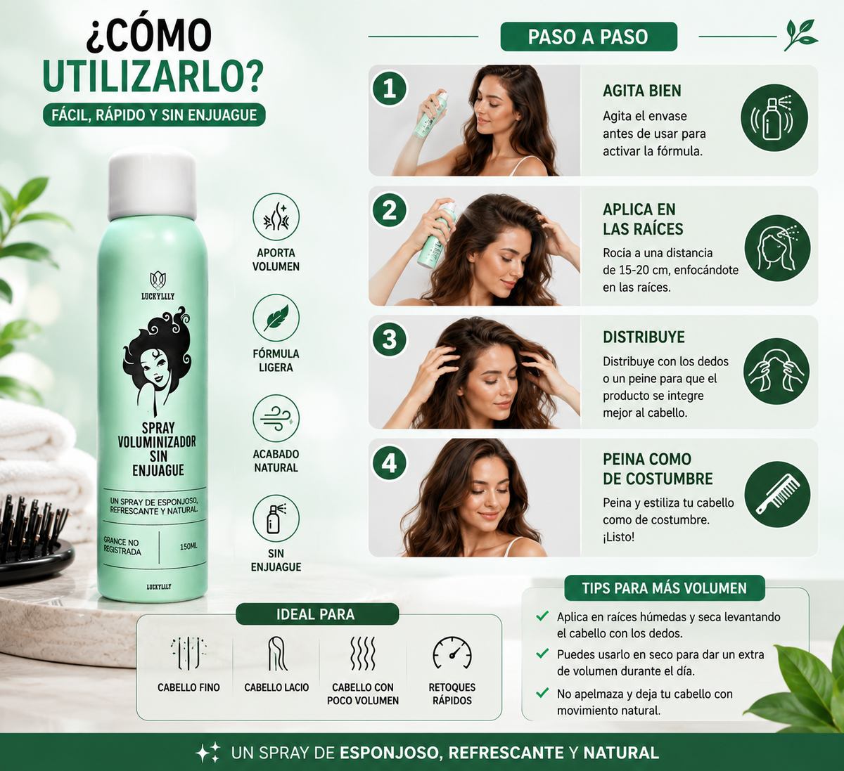 Spray Voluminizador Sin Enjuague 150 ml 🌿✨
